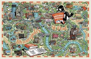 A map of twin cities bookstores by illustrator Kevin Cannon